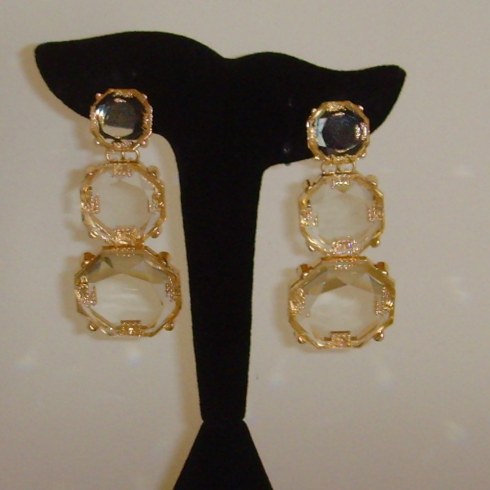 NEW Lucite and Gold-Tone Clear Crystal Drop Post Back Earrings